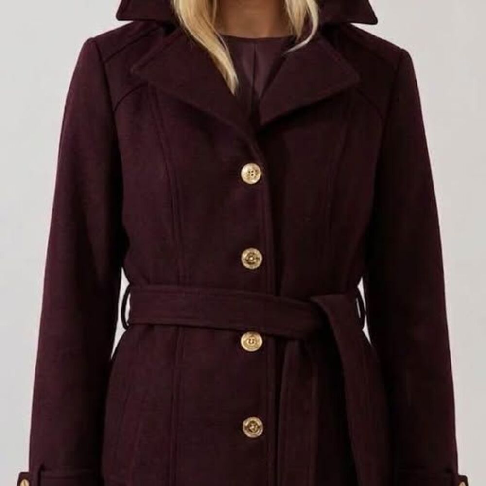 Michael Kors M Burgundy Wool Blend Belted pea Coat
